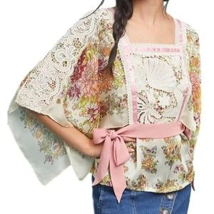 Tiny Anthropologie Side Tie Top Begonia Floral Blouse Square Neck Lace Kimono M